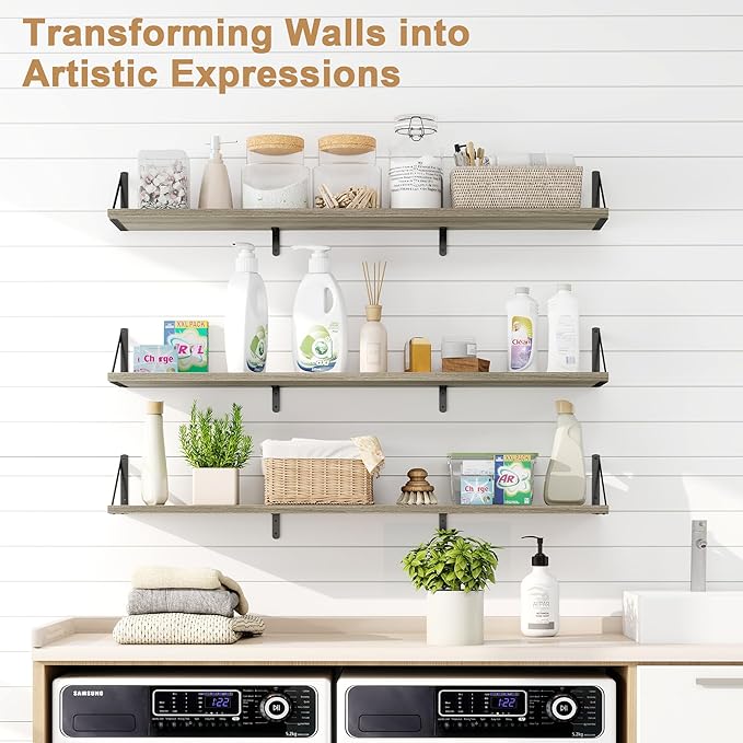Fun Memories Extra Long Floating Wall Shelves, 48 x 8 Inches, Set of 3 Large Wood Floating Bookshelves with Metal Brackets for Storage & Display (Grey)
