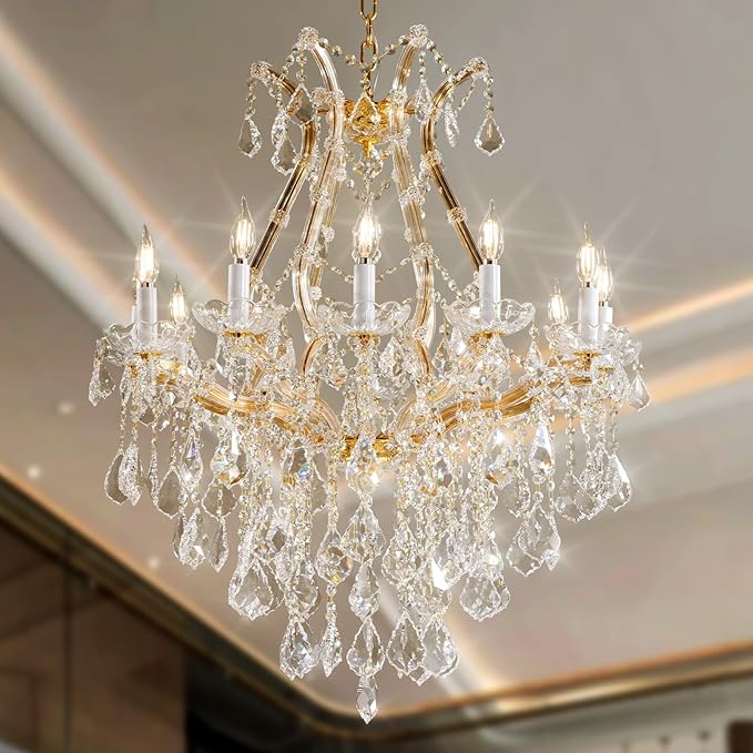 Modern Crystal Chandeliers, Gold Candle Chandelier -Luxury Chandelier Lighting Fixtures for Dining Room, Foyer, Staircase Hallway Living Room Entryway, 12 Lights