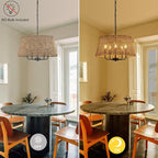 Hand-Woven Rattan Chandelier Vintage Farmhouse Boho Bamboo Chandeliers Light Fixture Retro Drum Wicker Rattan Black Chandelier for Dining Room, Kitchen, Living Room