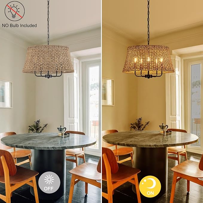 Hand-Woven Rattan Chandelier Vintage Farmhouse Boho Bamboo Chandeliers Light Fixture Retro Drum Wicker Rattan Black Chandelier for Dining Room, Kitchen, Living Room