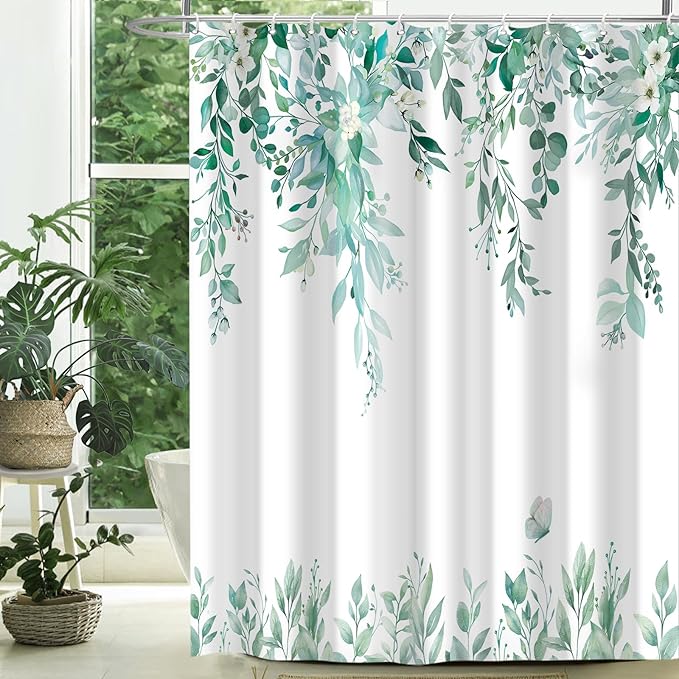 Eucalyptus Shower Curtain, Teal Watercolor Leaves with Floral Botanical Bathroom Decor, Waterproof Fabric Bath Curtain Set with Hooks, 72x72 Inches