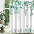 Eucalyptus Shower Curtain, Teal Watercolor Leaves with Floral Botanical Bathroom Decor, Waterproof Fabric Bath Curtain Set with Hooks, 72x78 Inches