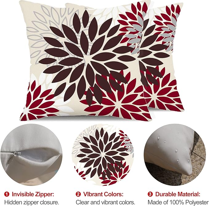 DFXSZ Red Brown Flower Pillow Covers 16x16 Inch Set of 2 White Gray Colored Throw Pillows Outdoor Waterproof Decor for Living Room Sofa Patio Funiture Garden Floral Polyester Pillow Covers 002L16