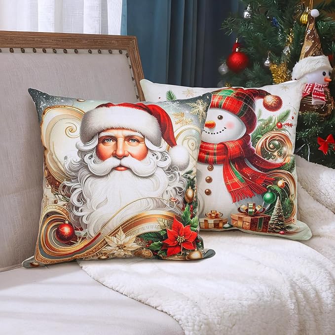 Christmas Throw Pillow Covers 20x20 Set of 4 Winter Holiday Decorative Pillowcase Reindeer Snowman Christmas Tree Santa Farmhouse Home Decor for Sofa Couch Cushion
