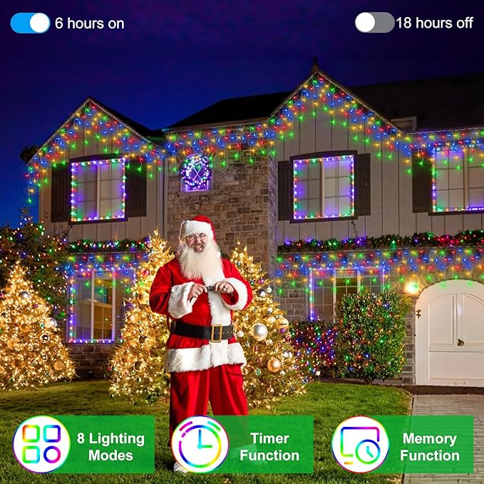 82ft 792 LED 176 Drops Christmas Lights, Outdoor Hanging lights with 8 Modes and Timer Memory, Plug In Outside Waterproof Curtain String Lights for House Fence Tree Holiday Decorations (Multicolor)