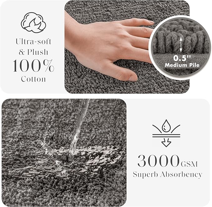 Madison Park Splendor Reversible 100% Cotton Tufted Bathroom Rug-3000 GSM Hotel Quality Luxurious Plush Medium Pile Bath Mat Absorbent, Quick Dry, Shower Room Décor, 24x60 Charcoal