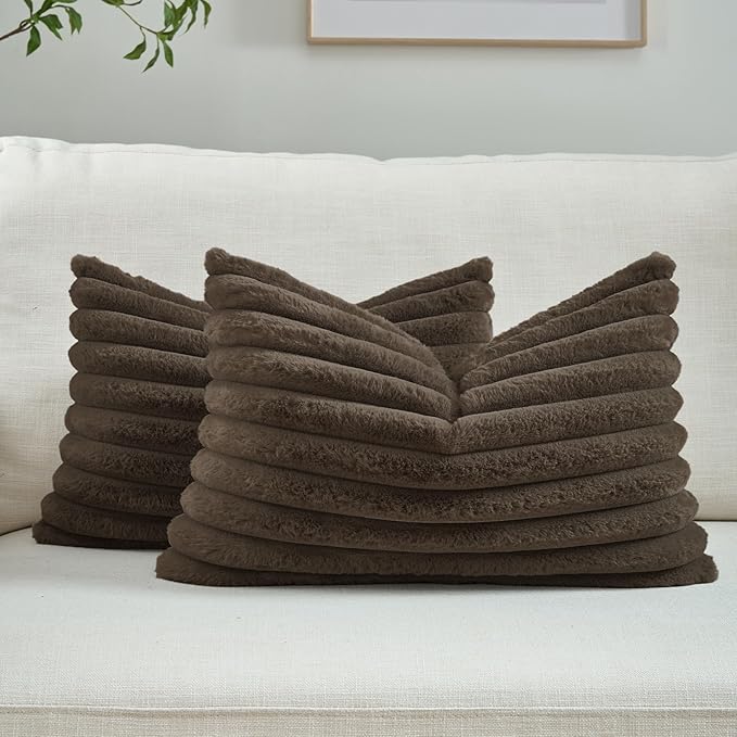 FUTEI Dark Coffee Striped Decorative Throw Pillow Covers 12x20 Inch Set of 2,Rectangle Winter Decorations Couch Lumbar Pillowcase,Soft Cozy Faux Rabbit Fur & Velvet Back,Modern Home Decor for Bed