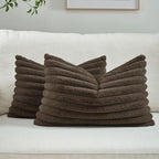 FUTEI Dark Coffee Striped Decorative Throw Pillow Covers 12x20 Inch Set of 2,Rectangle Winter Decorations Couch Lumbar Pillowcase,Soft Cozy Faux Rabbit Fur & Velvet Back,Modern Home Decor for Bed