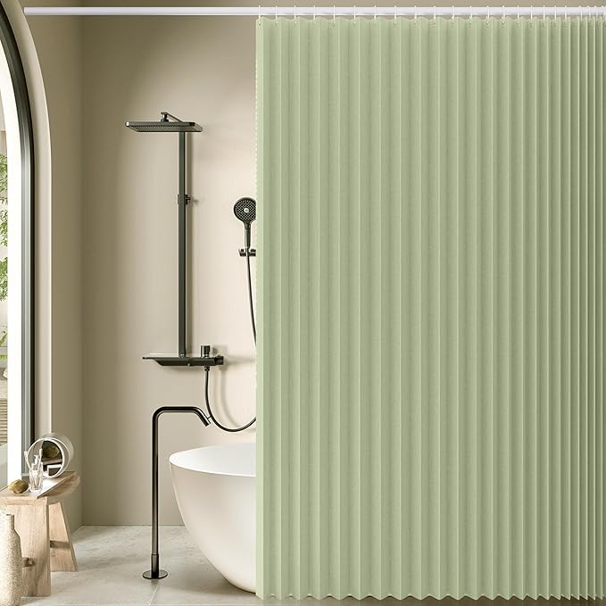 Jubilantex Folding Linen Shower Curtain for Bathroom Sage Waterproof Shower Curtain 1 Panel with 14 Metal Grommets and 1 Tie Back for Hotel,70"x70"
