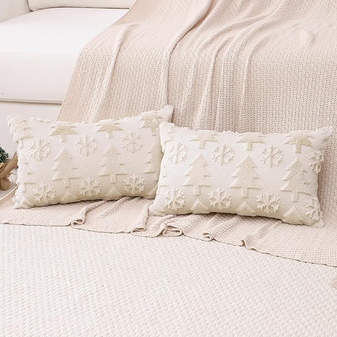 OTOSTAR Set of 2 Xmas Soft Plush Short Wool Velvet Decorative Throw Pillow Covers Rectangular Luxury Style Cushion Case Pillow Shell for Sofa Bedroom Tree and Snowflake Cream Beige, 12x20 Inch