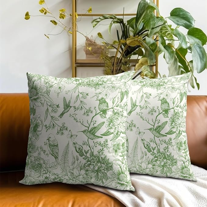 Vintage Floral Throw Pillow Covers 22x22 Inch, Set of 2 Green White Chinoiserie Flowers Square Pillowcases Soft Cotton Cushion Cover for Couch Bed Sofa Car Home Decoration