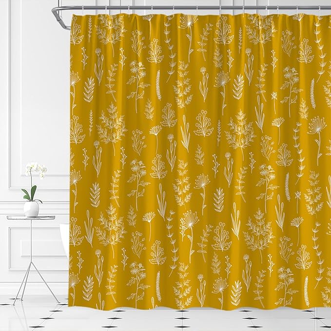 Yellow Herbs Shower Curtain Boho Floral Retro Botanical Vintage Farmhouse Cute Leaves Plant Flowers Bathroom Curtain Set with Hooks(36" WX70 H)