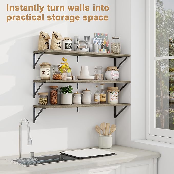 Fun Memories Long Wall Shelves for Bedroom, Set of 3 Large 40-Inch Floating Bookshelves, Rustic Wood Display Shelf for Home and Office (Grey)