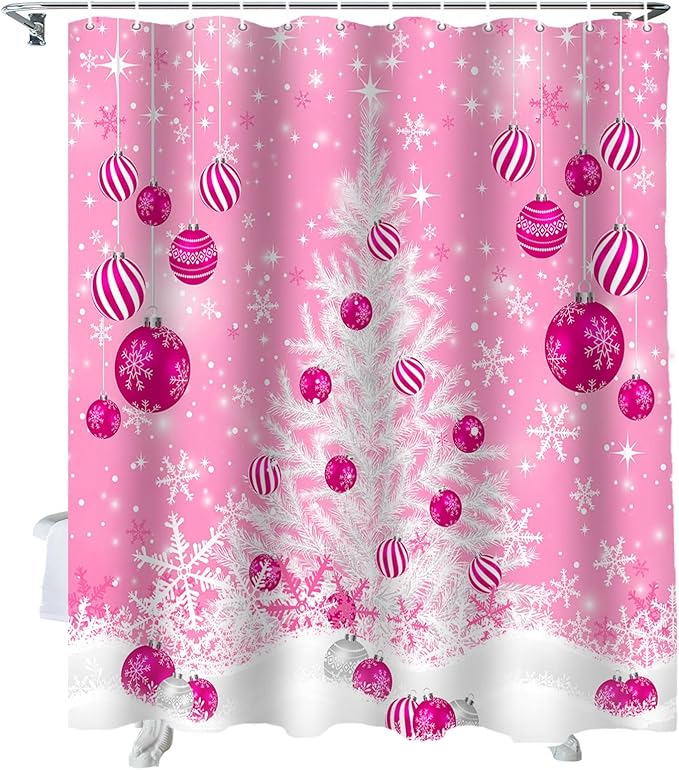 Vandarllin Pink Christmas Shower Curtain, White Xmas Tree Snowflakes Pink Balls Shower Curtains Set with Hooks, Winter Waterproof Fabric Bathroom Curtains Decor Home Accessories,Stall 36 X 72 Inch