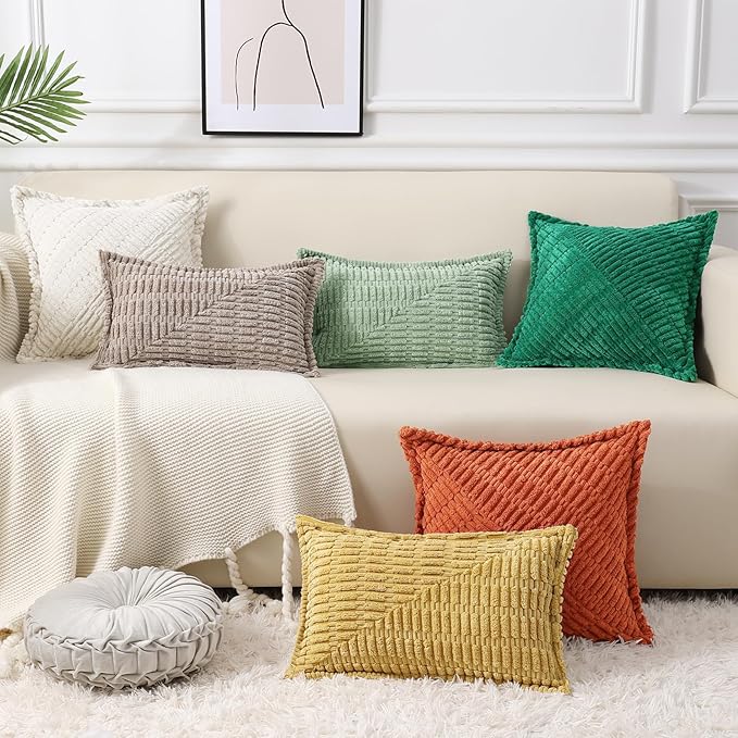 decorUhome Decorative Rust Fall Throw Pillow Covers 12x20 Set of 2 with Splicing, Boho Lumbar Soft Neutral Corduroy Broadside Twill Pillow Covers for Couch Bed Sofa Living Room