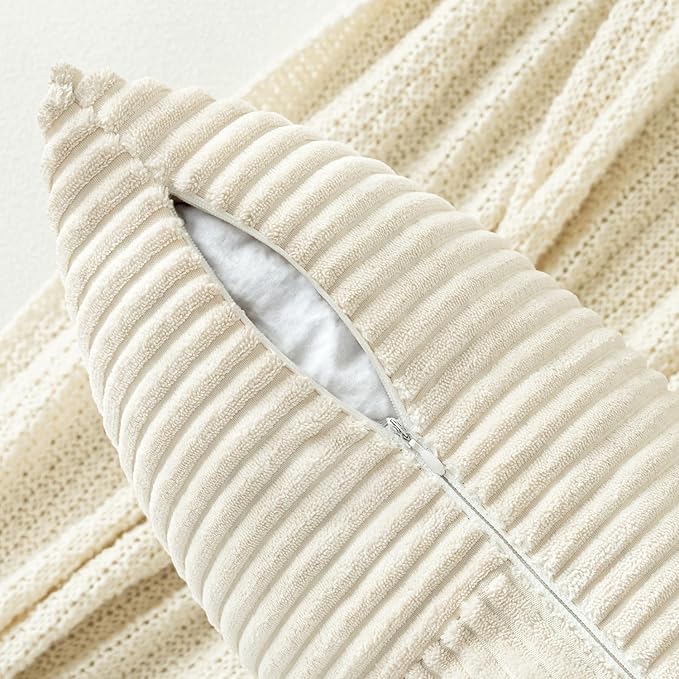 MIULEE Beige Corduroy Pillow Covers Pack of 2 Boho Decorative Spliced Throw Pillow Covers Soft Solid Couch Pillowcases Cross Patchwork Textured Cushion Covers for Living Room Bed Sofa 12x24 inch