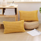 Pallene Faux Fur Plush Lumbar Throw Pillow Covers 12x20 Set of 2, Luxury Soft Fluffy Striped Decorative Pillow Covers for Sofa, Couch, Living Room, Mustard Yellow