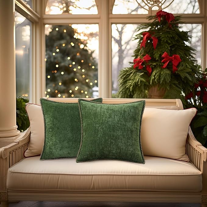 decorUhome Christmas Chenille Soft Throw Pillow Covers 16x16 Set of 2, Farmhouse Velvet Neutral Decorative Euro Fall Pillow Covers with Stitched Edge for Couch Sofa Bed Home Decor, Forest Elf