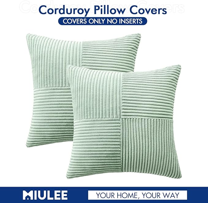 MIULEE Mint Corduroy Pillow Covers Pack of 2 Boho Decorative Spliced Throw Pillow Covers Soft Solid Couch Pillowcases Cross Patchwork Textured Cushion Covers for Spring Living Room Bed Sofa 18x18 inch
