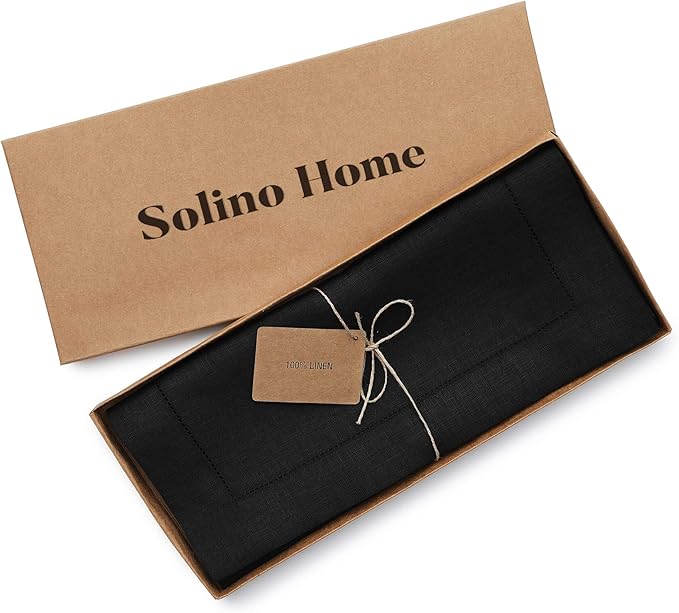 Solino Home Linen Black Table Runner 156 Inches Long - 100% Pure Linen Extra Long Table Runner 14 x 156 Inch for Fall, Autumn, Halloween - Classic Hemstitch