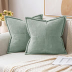 MIULEE Decorative Throw Pillow Covers for Couch Bed Livingroom 16x16 Inch Set of 2 Greyish Green Boho Accent Throw Pllows Broadside Striped Patchwork Soft Corduroy Summer Pillowcases