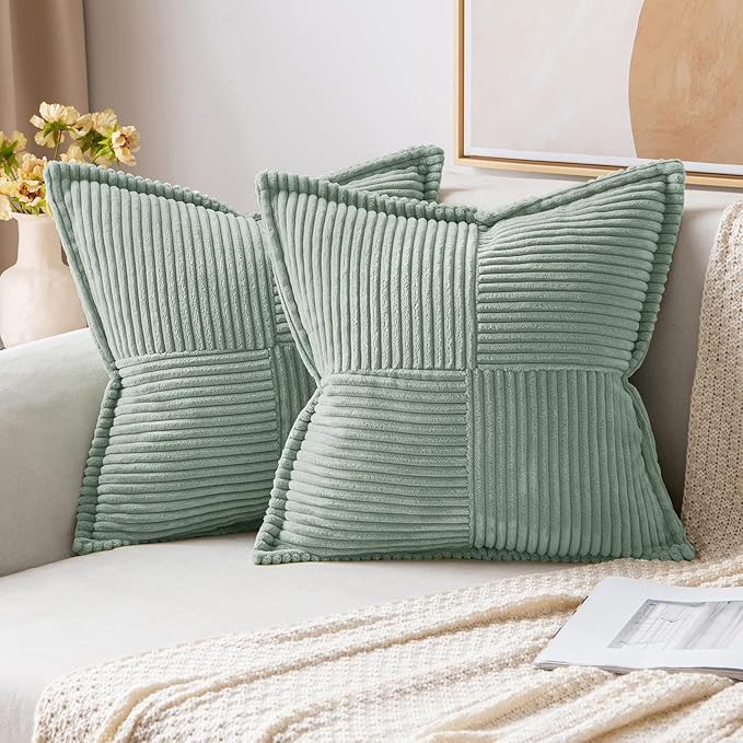 MIULEE Decorative Throw Pillow Covers for Couch Bed Livingroom 18x18 Inch Set of 2 Greyish Green Boho Accent Throw Pllows Broadside Striped Patchwork Soft Corduroy Summer Pillowcases