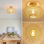 13" Boho Rattan Ceiling Light Fixture - Hand-Woven Natural Bamboo & Wood, Flush Mount Farmhouse Lighting for Bedroom, Living Room, Hallway, Kitchen, Entryway (Gold Finish, E26 Base)