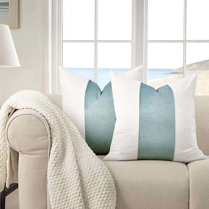 EVERGRACE x Kinsey Walsh Signature Velvet Panel Cotton Pillow Covers Set of 2, Decorative Pillow Covers 22"x22" for Couch, Square Cushion Cases for Sofa Bedroom Living Room, Aquamarine