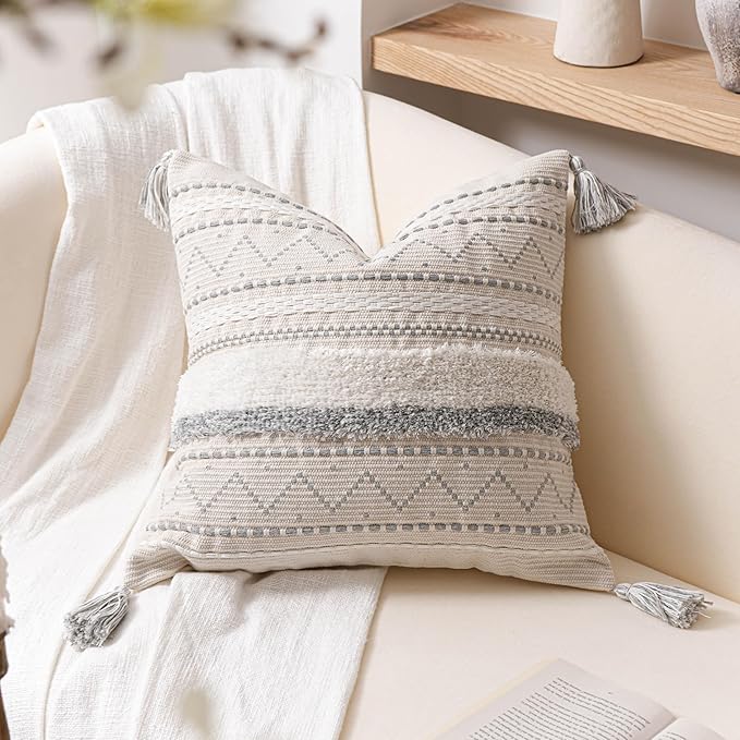 BlissBlush Gray Decorative Throw Pillow Cover 18x18 Square Boho Neutral White Accent Pillowcase Tassels Farmhouse Cushion for Couch Sofa Bedroom Living Room Home Décor (Cover ONLY, Pack of 1)