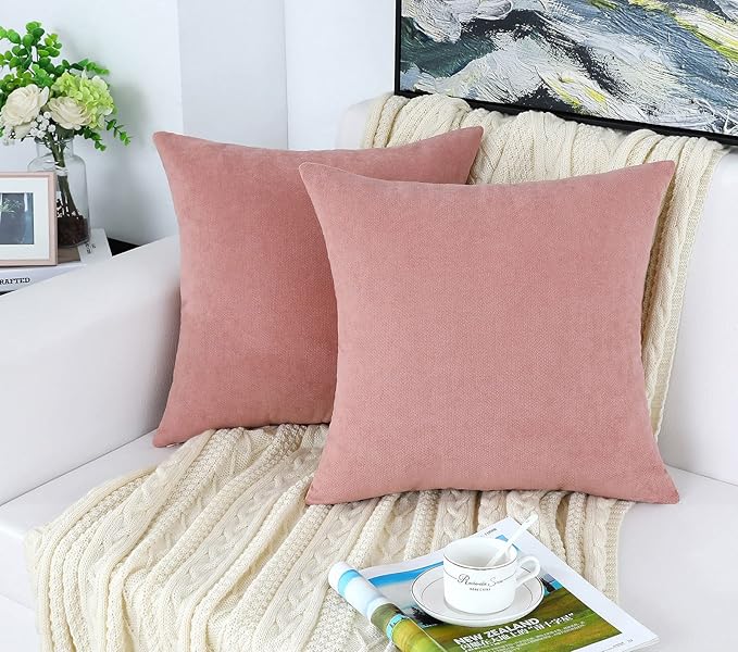 Jeneoo Decorative Dusty Rose Throw Pillow Covers Rustic Farmhouse Super Soft Square Chenille Comfy Solid Cushion Couch Cases for Sofa Bedroom Chair (Set of 2, 14 x 14 Inches)