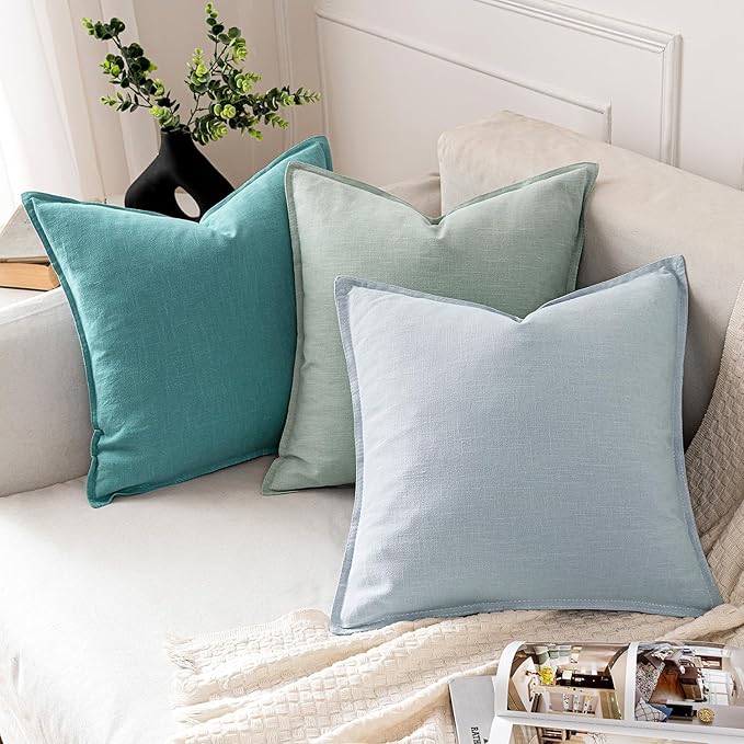 MIULEE Decorative Linen Pillow Covers 18x18 Inch Turquoise Boho Farmhouse Neutral Couch Throw Pillows for Bed Pack of 2 Accent Coastal Modern Pillowcase Summer Sofa Livingroom Home Decor