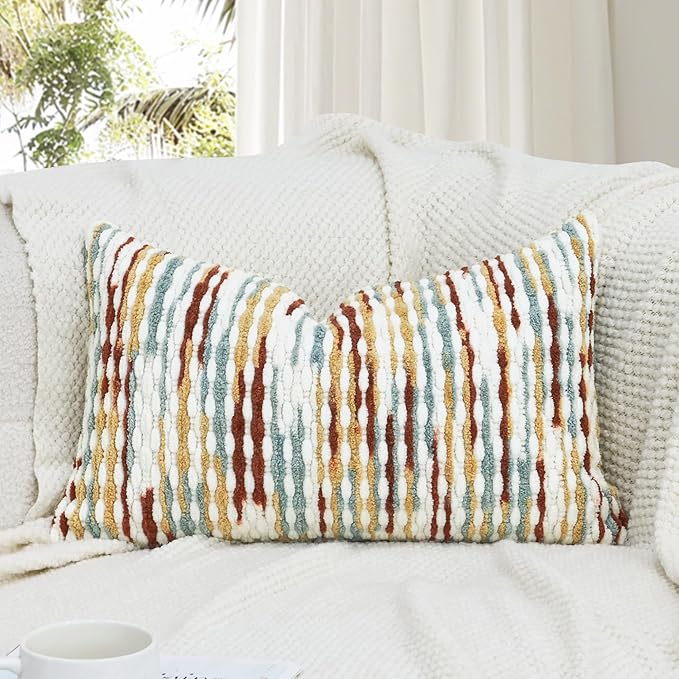 Boho Decorative Throw Pillow Covers 12x20 Inch, Chenille Tufted Pillow Cover Stripe Textured Lumbar Farmhouse Accent Pillowcase for Couch Sofa Bedroom Living Room, Red White Khaki Grey 1 Pack