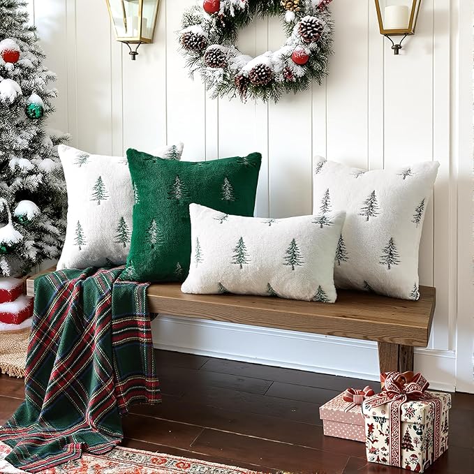 MIULEE Christmas Decorative Pillow Covers Set of 2 Faux Fur Throw Pillows with Embroidered Christmas Tree 18x18 Inch White Black Winter Couch Covers for Festival Sofa Bedroom Living Room Home Decor