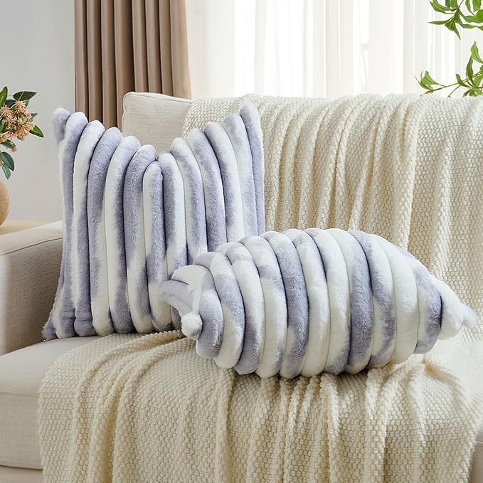 FUTEI Light Purple Decorative Throw Pillow Covers 24x24 Inch Set of 2, Soft Tie-Dye Faux Rabbit Fur Striped Texture European Cushion Case, Modern Home Decor for Couch Bed Living Room