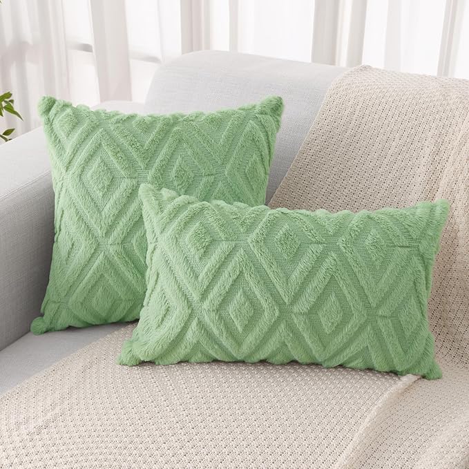 Pallene Sage Green Throw Pillow Covers 12x20 Set of 2, Soft Plush Faux Fur Decorative Lumbar Couch Pillow Covers for Sofa Bed Living Room Pillow Cases with 3D Diamond Pattern