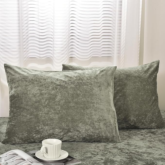 PHF Truly Velvet Pillowcases Standard Size, No Insert, 2 Pack Ultra Soft Breathable Pillow Shams Covers with Envelope Closure, 20" X 26" Luxury Cozy Warm Fuzzy Flannel, Smokey Olive