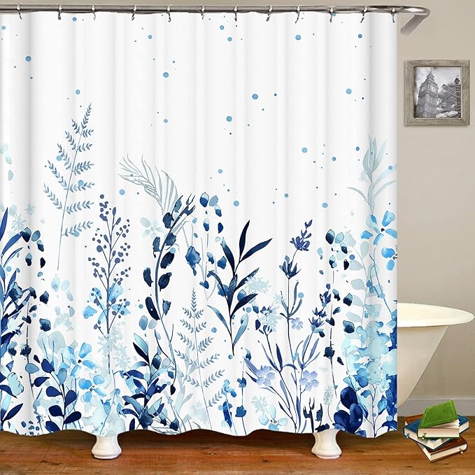 Shower Curtain, Fabric Shower Curtain Botanical Shower Curtain Blue, Hooks Hotel Shower Curtains for Bathroom with 12 Hooks Waterproof Shower Curtain Liner (72" x 72")