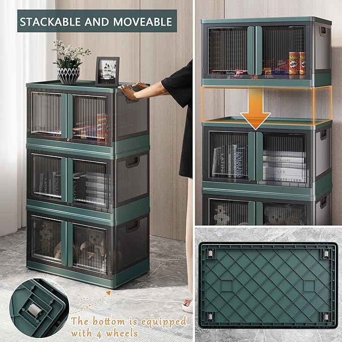 2-Pack Stackable Storage Bins with Lids and Doors - 19Gal Collapsible Storage Bin with Wheel, Closet Organizers and Storage with Lock, Plastic Storage Containers for Home and Office, Green