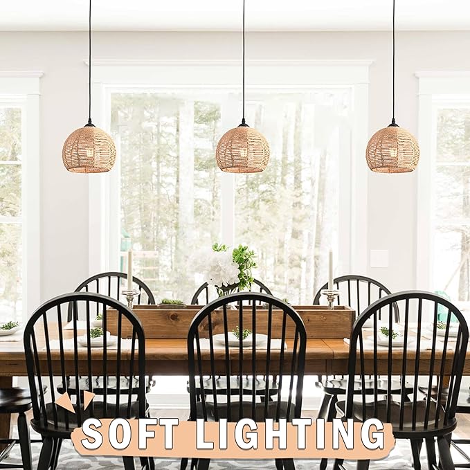 3 Pack Wicker Pendant Light Natural Woven Pendant Light Boho Chandelier Light Fixture Dome Rustic Farmhouse Pendant Lights Rattan Light Fixture for Dining Room Kitchen Island (Bulb Incl.)