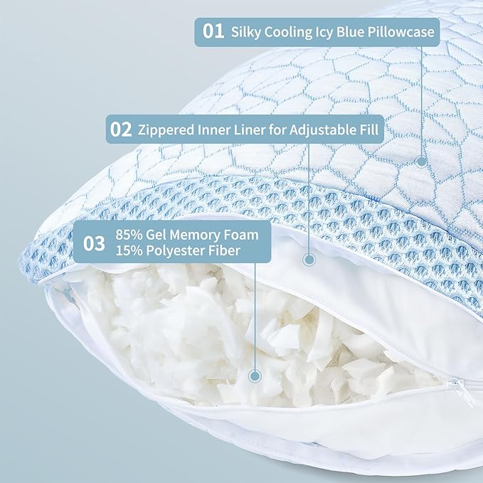 QUTOOL Double Sided Cooling Pillow for Hot Sleepers, Shredded Memory Foam Pillows Standard Size Set of 2, Adjustable Soft & Firm Gel Bed Pillow for Side, Back, Stomach Sleepers