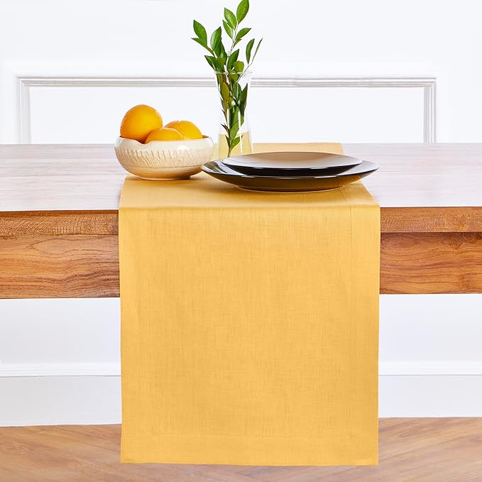Solino Home Linen Table Runner 108 Inches Long - 100% Pure Linen Mustard Yellow Table Runner 14 x 108 Inch - Fete