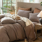 MooMee Wavy Striped Duvet Cover Set 100% Washed Cotton Linen Like Textured Breathable Durable Soft Comfy (Brown, Oversized Queen 98"x98")