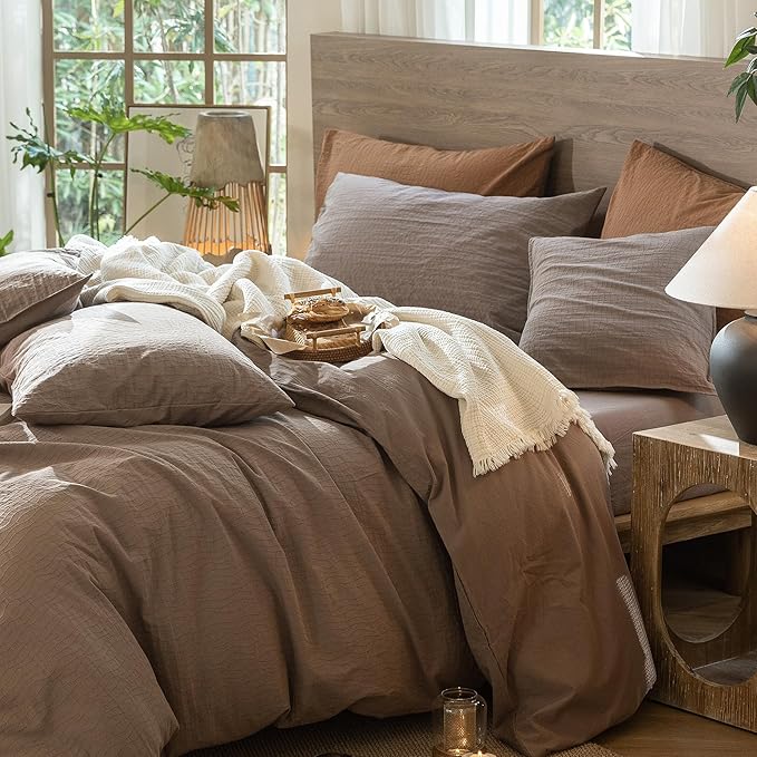 MooMee Wavy Striped Duvet Cover Set 100% Washed Cotton Linen Like Textured Breathable Durable Soft Comfy (Brown, Super Queen 90"x98")