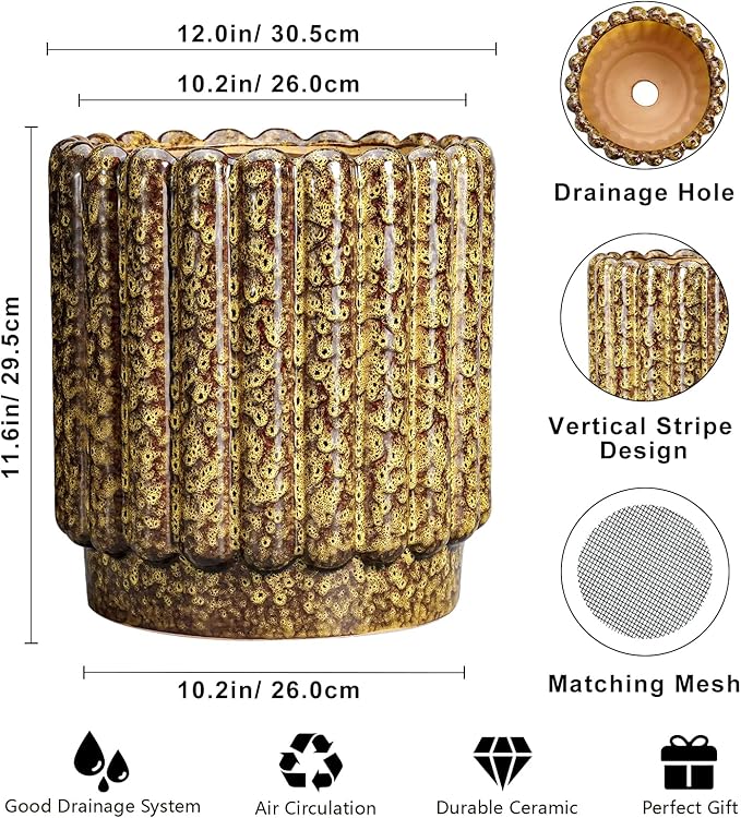 Ceramic Plant Pots - 12 Inch Planter with Drainage Hole, Large Ceramic Flower Pots for Indoor Plants, Round Planter Outdoor, Living Room Decor, Gifts for Plant Lovers, Yellow