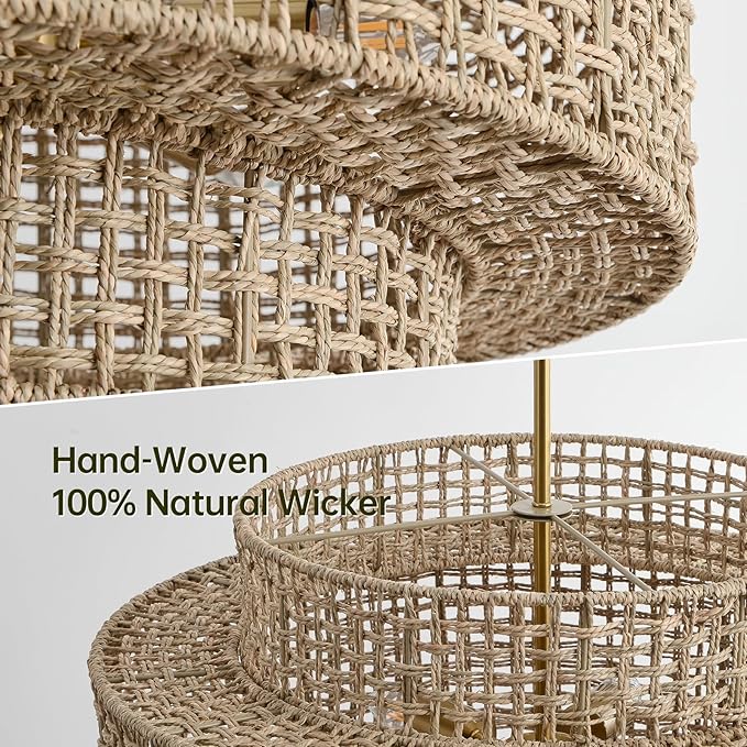 24” Rattan Chandelier for Dining Room, Large Boho 6-Light Rustic Chandeliers Light Fixture with Wicker Shade, Hand Woven Farmhouse Pendant Lighting for Kitchen Bedroom, Living Room, Foyer