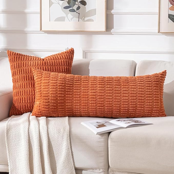 Fancy Homi Burnt Orange Long Body Lumbar Decorative Throw Pillow Cover 20x54 Inch for Bedroom Couch Bed Sofa, Farmhouse Boho Fall Room Decor, Soft Striped Corduroy Rectangle Pillow Case
