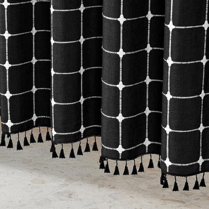 MitoVilla Black Boho Shower Curtains for Modern Farmhouse Bathroom Decor, Vintage Country Thick Polyester Linen Fabric Shower Curtain, Rustic Tassel Cloth Shower Curtain, 72 x 72