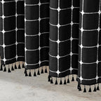 MitoVilla Black Boho Extra Long Shower Curtain 72 x 84, Modern Farmhouse 84 inch XL Polyester Linen Texture Tassel Fabric Shower Curtain Set with Hooks for Cottagecore Country Bathroom Decor