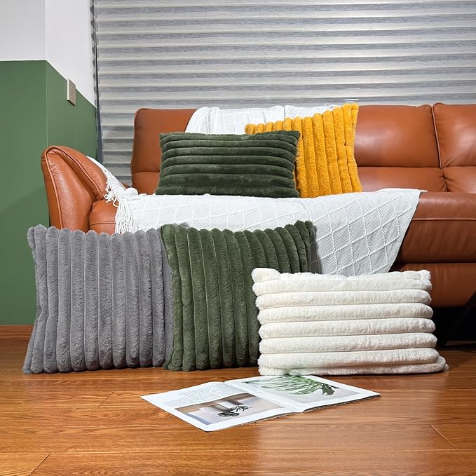 18x18 Throw Pillow Covers Set of 2, Decorative Faux Fur Covers for Bed, Couch Soft Fluffy Pillow Cover with Velvet Back for Living Room, Neutral Home Décor Accent for Sofa - Green