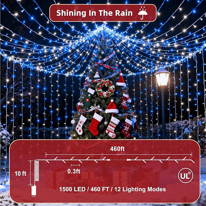 470FT Christmas Lights Outdoor, 1500 LED Christmas Tree Decoration Lights with 12 Modes & Timer Memory, Dimmable Plug In Waterproof LED Xmas Light for Yard Trees Wedding Party Holiday Blue & White